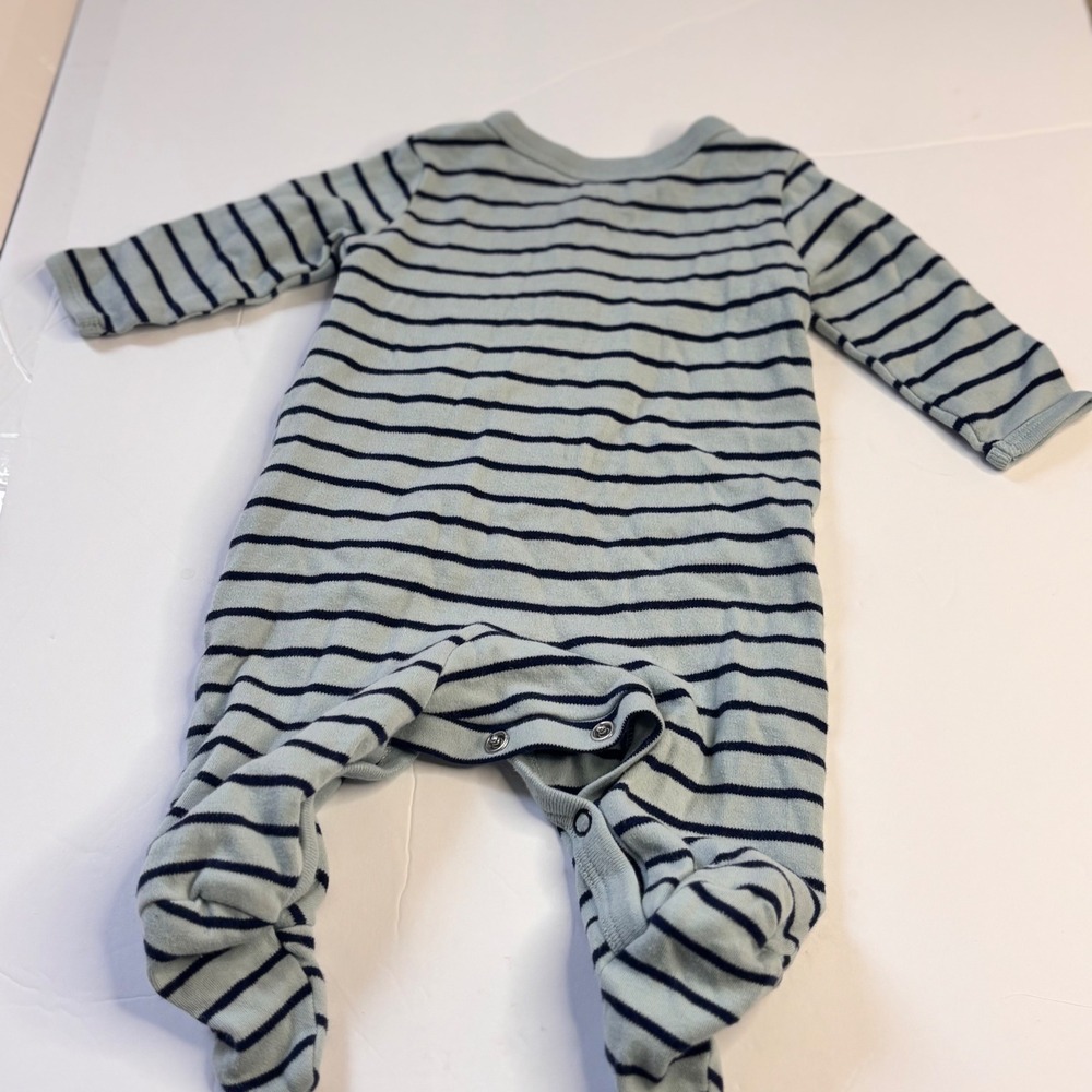 Baby 3M Blue Striped Lion Turtle Snap Up Footed Sleeper Embroidered Romper Baby - Picture 4 of 4